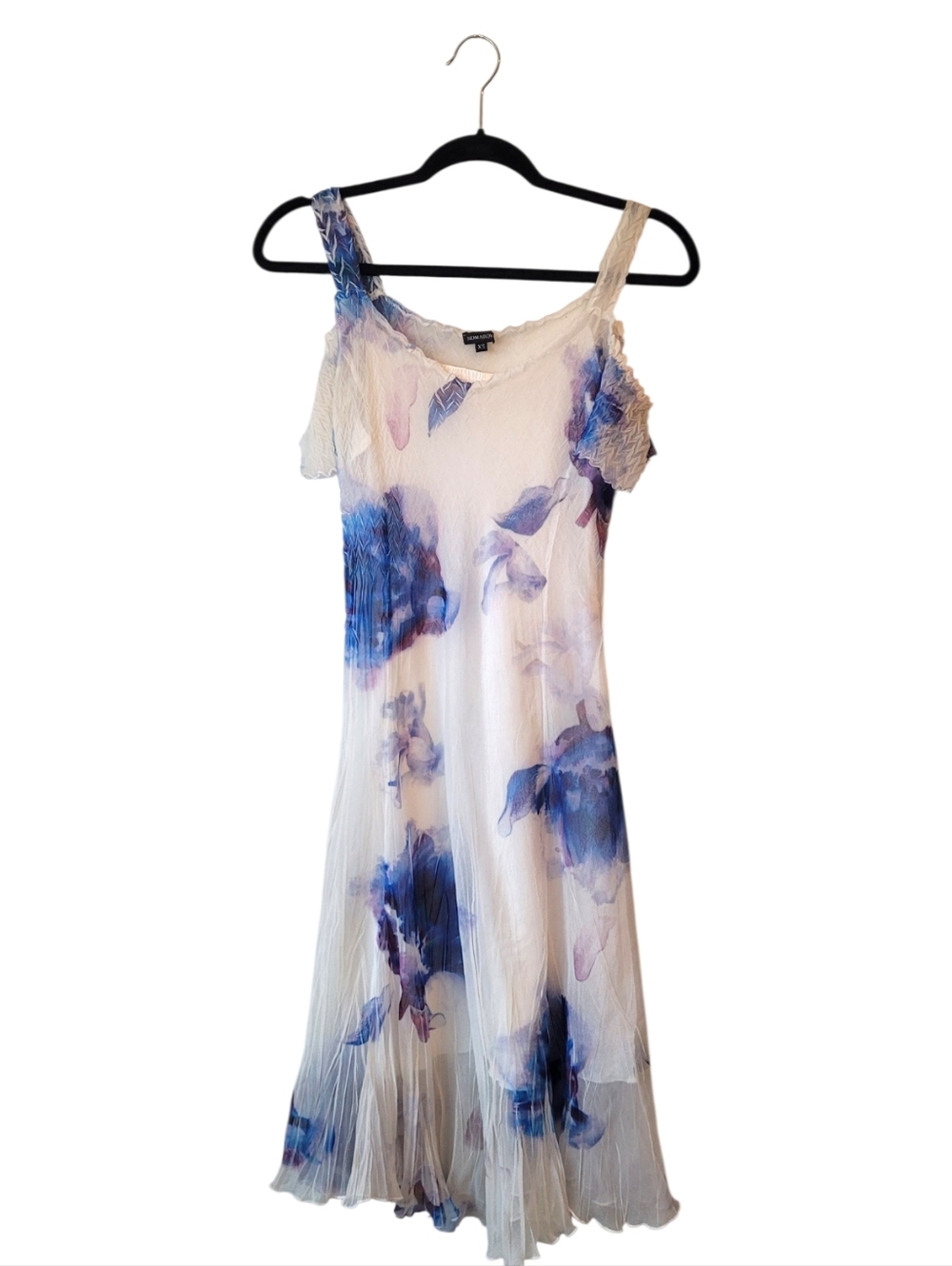 Komarov Crinkle White Midi Dress with Blue Floral Print Women's Size XS